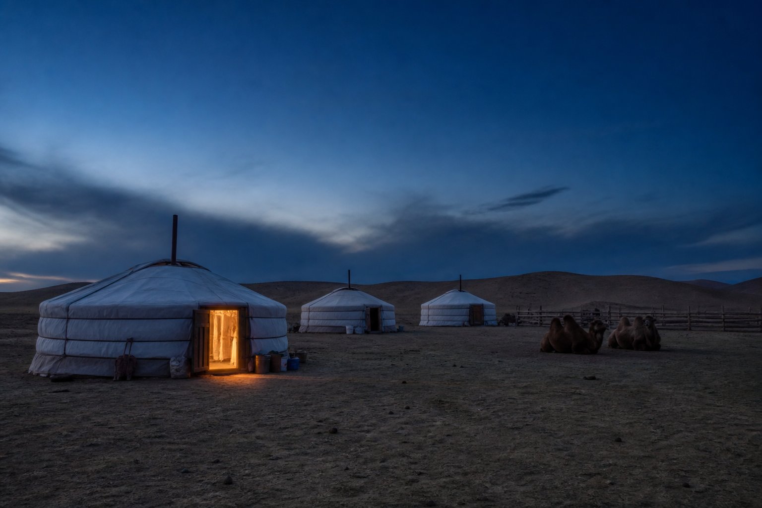 Ger camp in the Gobi Desert in Mongolia at blue hour