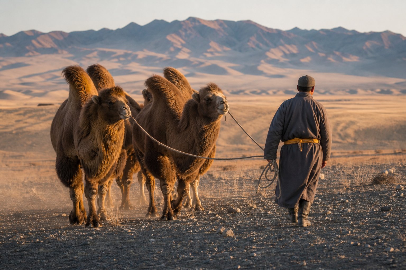 Bactrian camels with a nomadic herder in the Gobi Desert in Mongolia