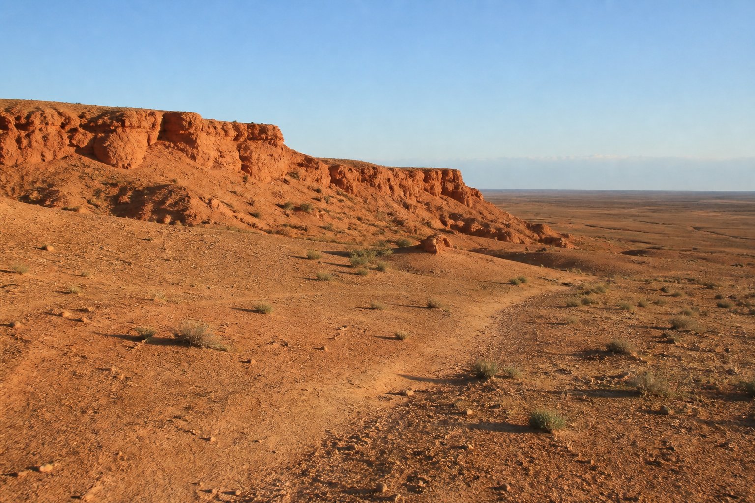 Bayanzag Flaming Cliffs in the Gobi Desert in Mongolia at sunset