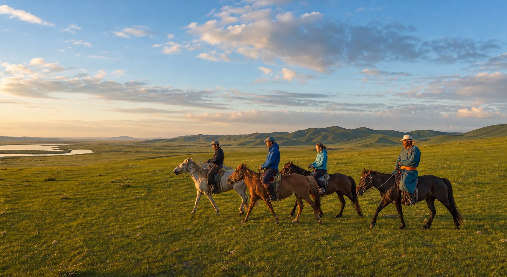 Randonn&eacute;e &agrave; cheval en Mongolie dans la steppe au coucher du soleil