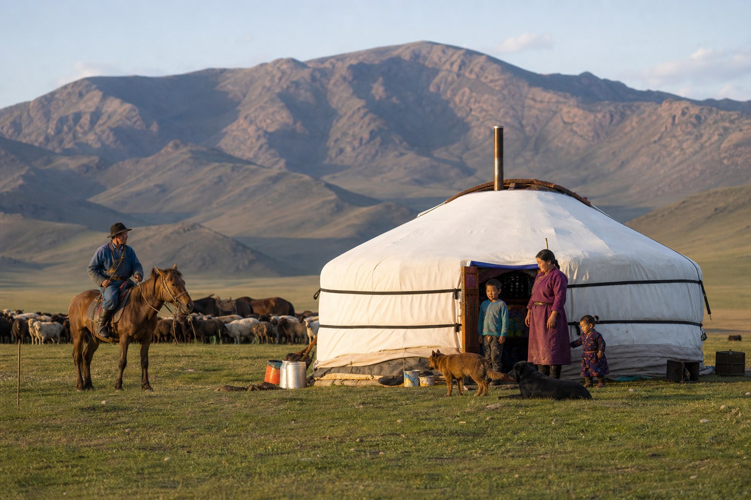 Campement nomade avec yourte et famille pendant un voyage en Mongolie