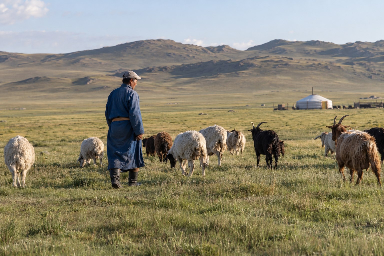 Éleveur mongol accompagnant un troupeau de moutons et de chèvres dans la steppe