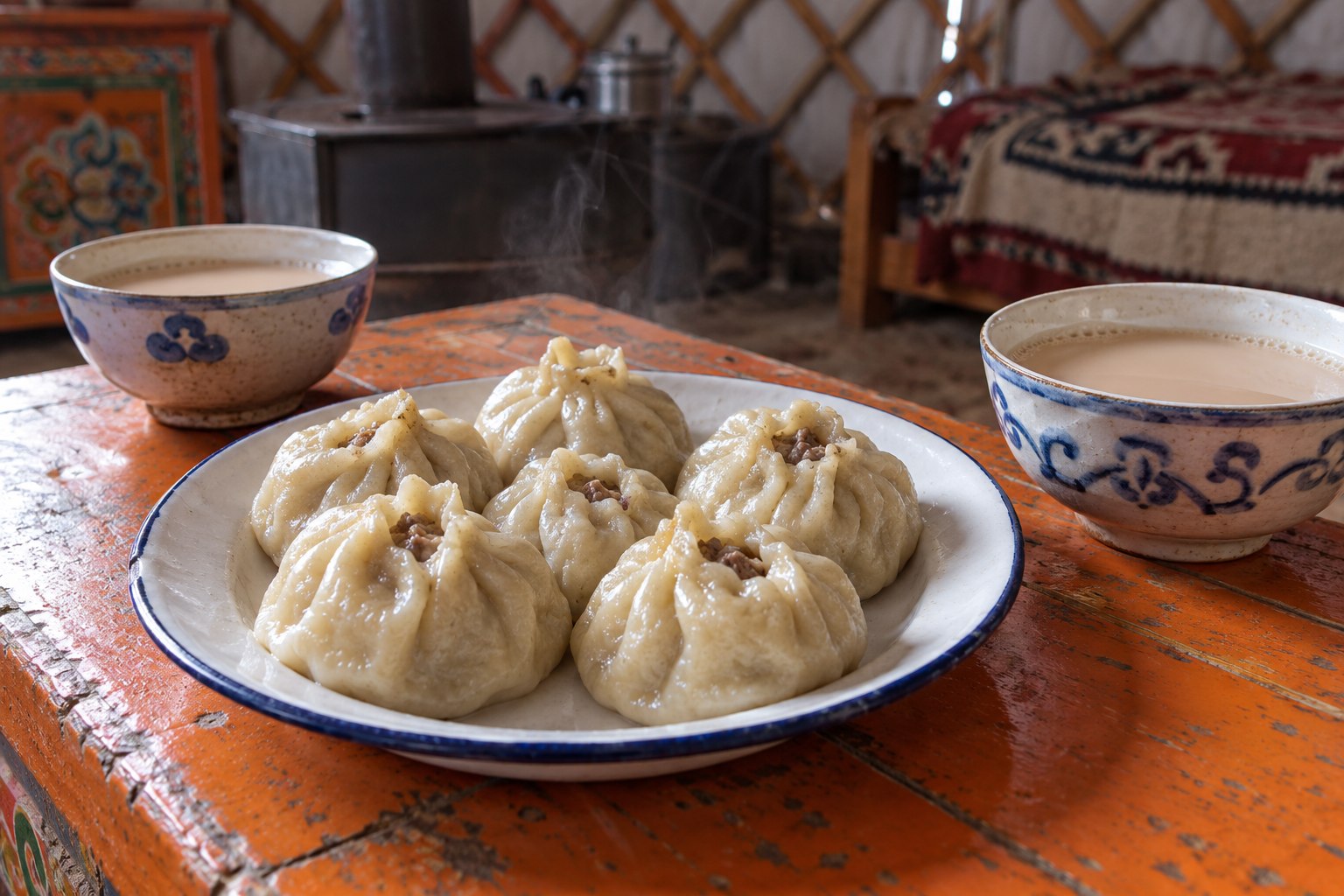 Buuz et bols de thé au lait sur une table en bois dans une yourte mongole