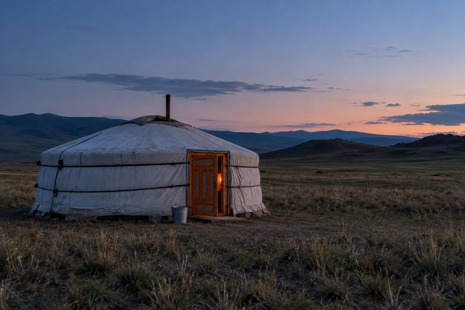 Yourte mongole éclairée dans la steppe au crépuscule