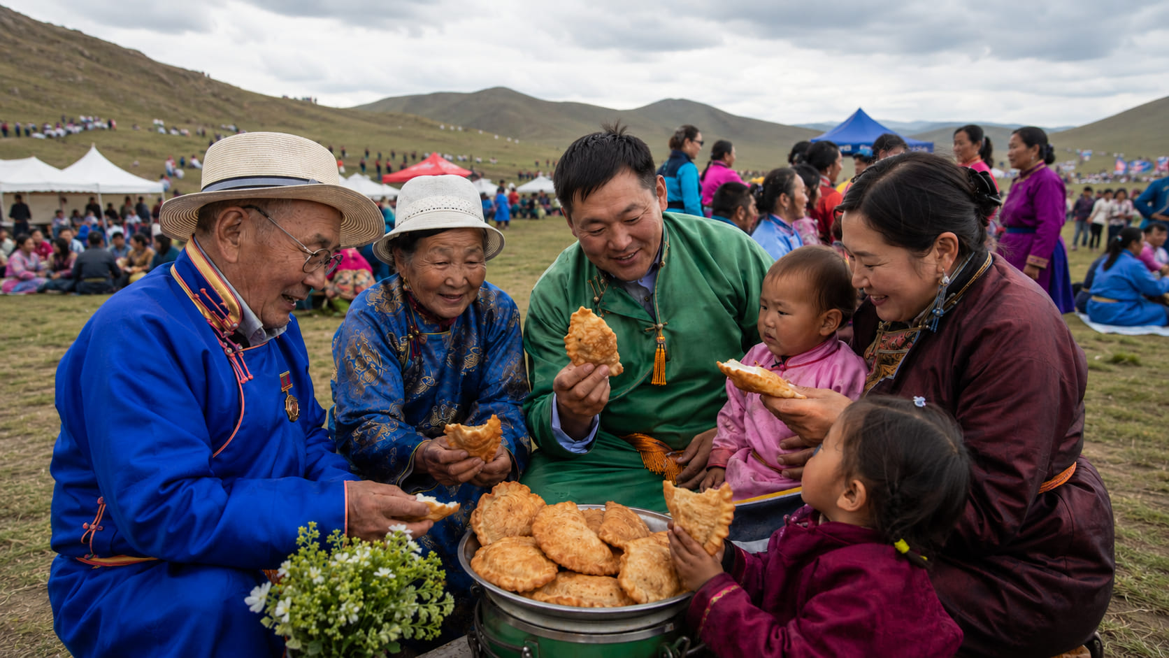 Mongolian family in traditional clothing sharing khuushuur during Naadam