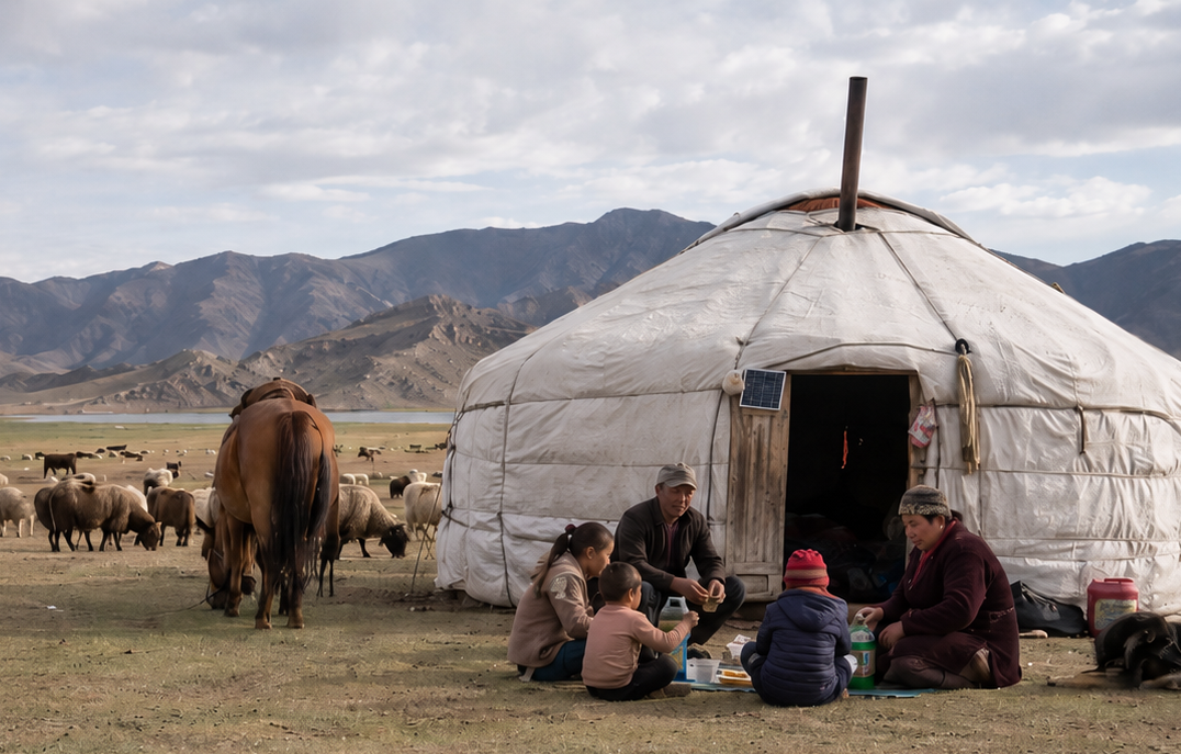 Mongolian nomadic family in spring with young animals near a yurt