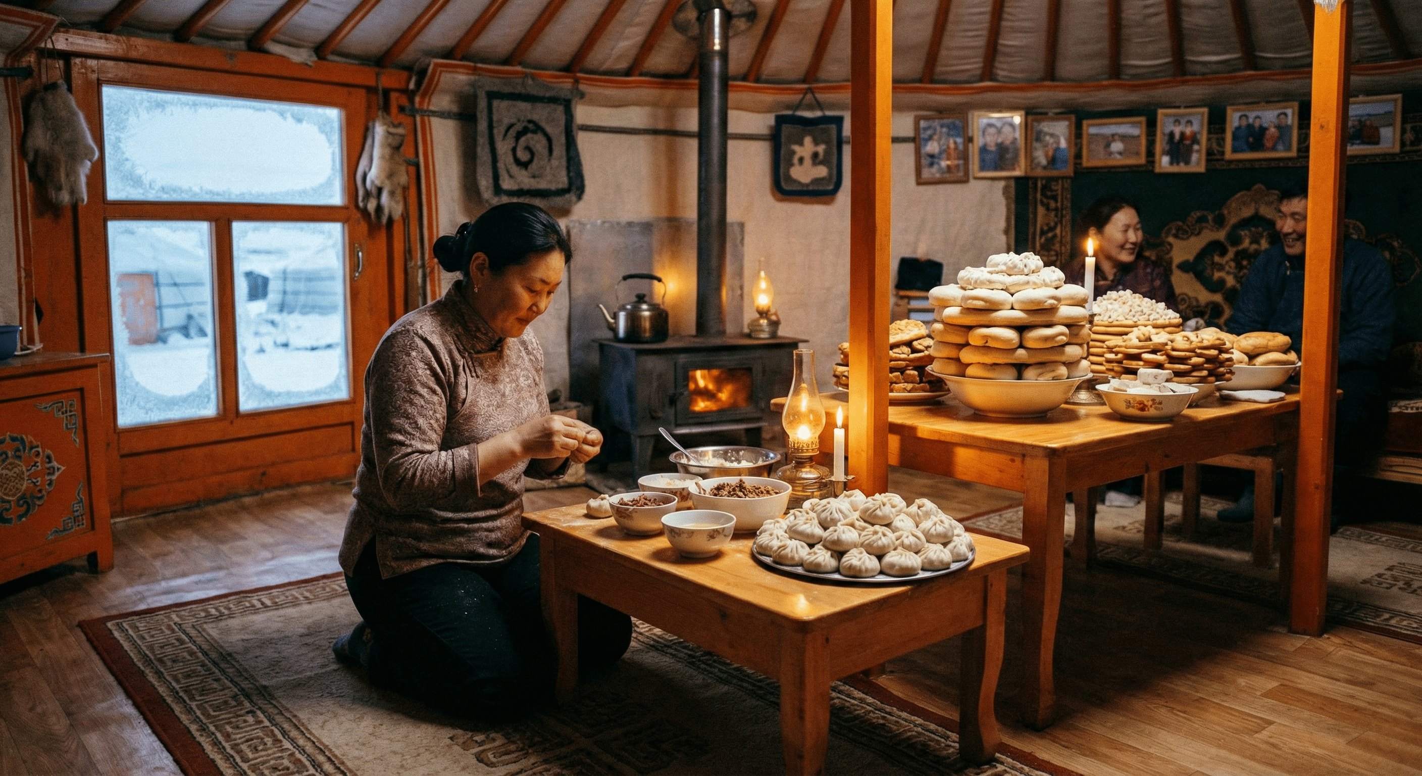 Préparation des buuz dans une yourte la nuit de Bituun