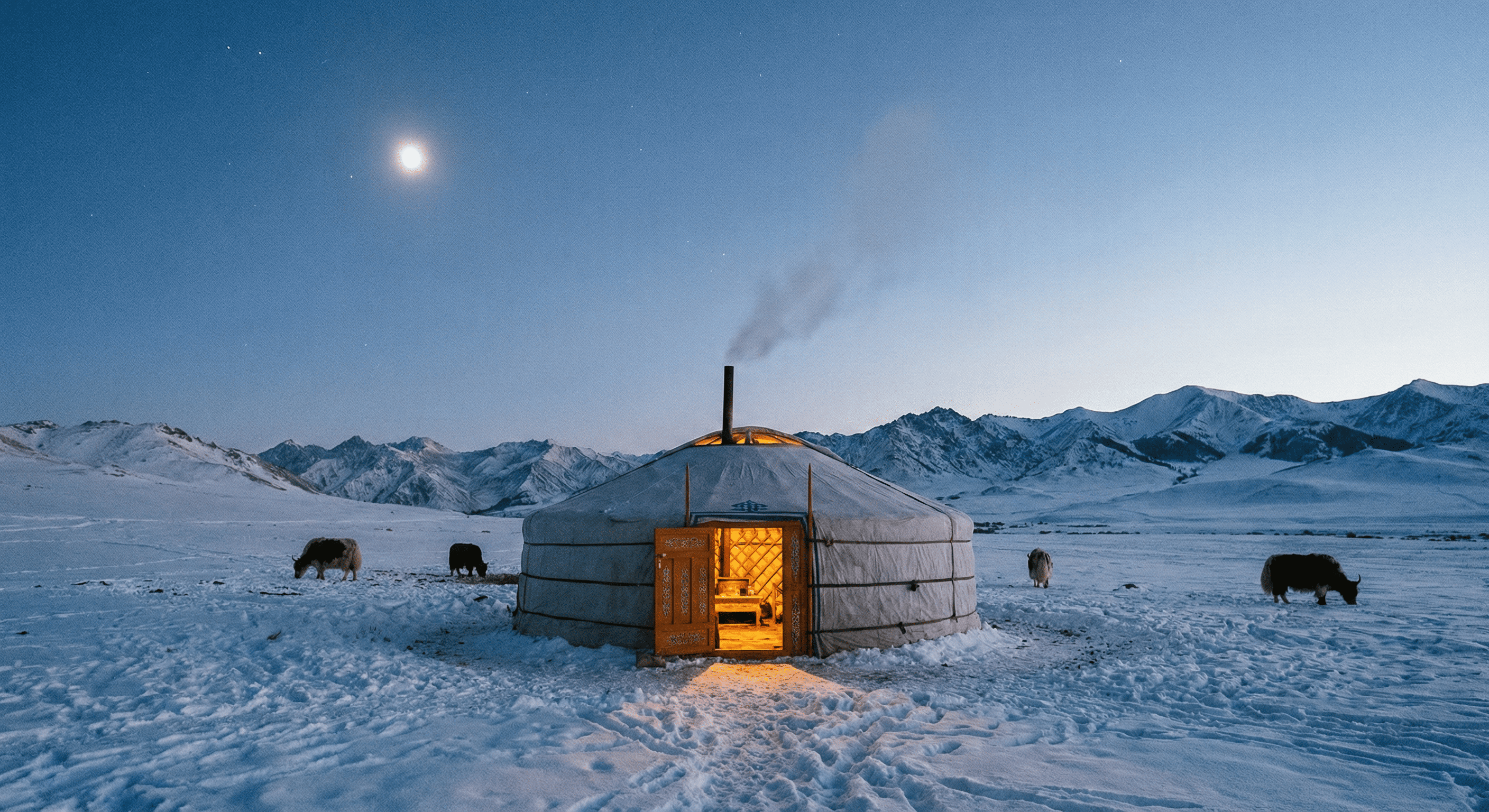 Mongolian yurt under the moon — Tsagaan Sar